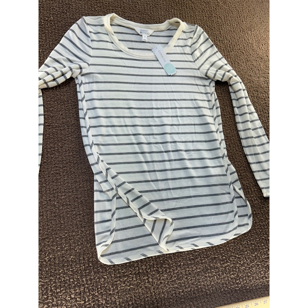 Market & Spruce Zansia Curved Hem Knit Top Off-White Grey Stripe XS WK10069A - Picture 3 of 11